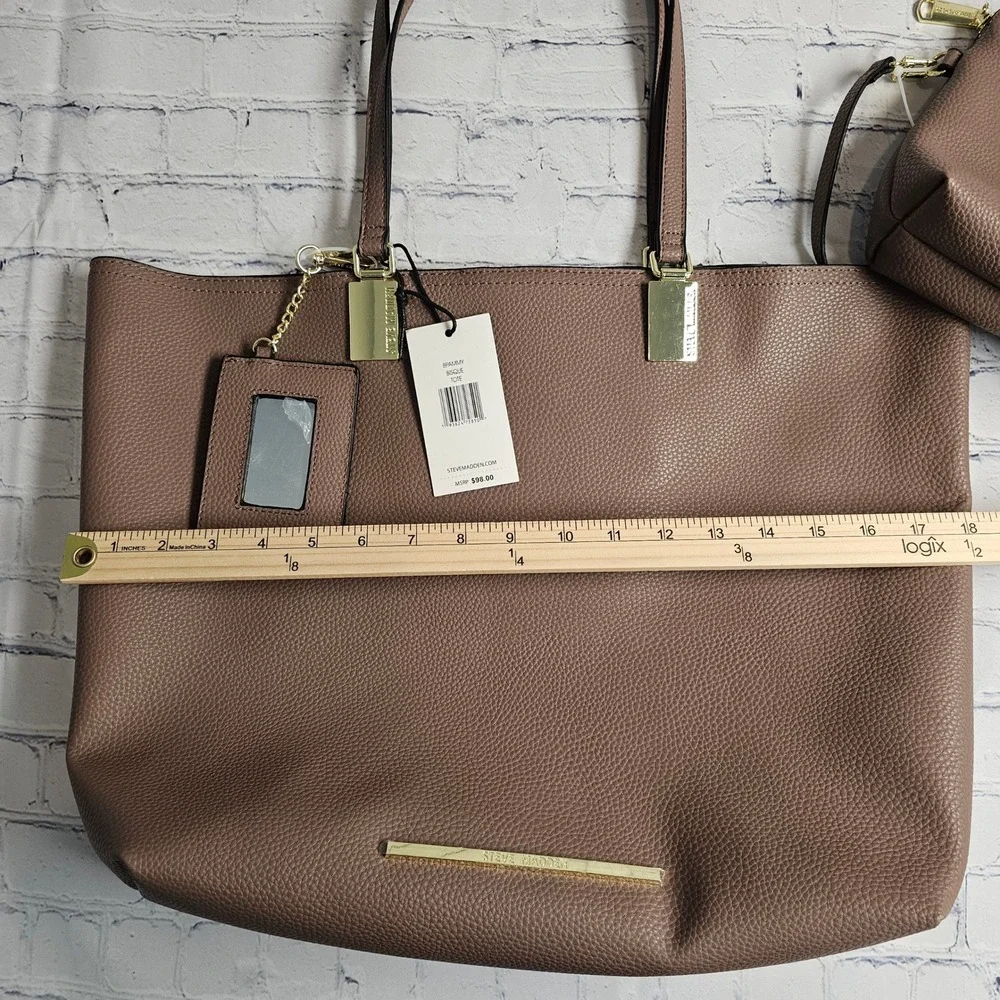Steve Madden BPAMMY Bisque‎ Pebbled Tote Bag with Pouch and Mirror Charm NEW